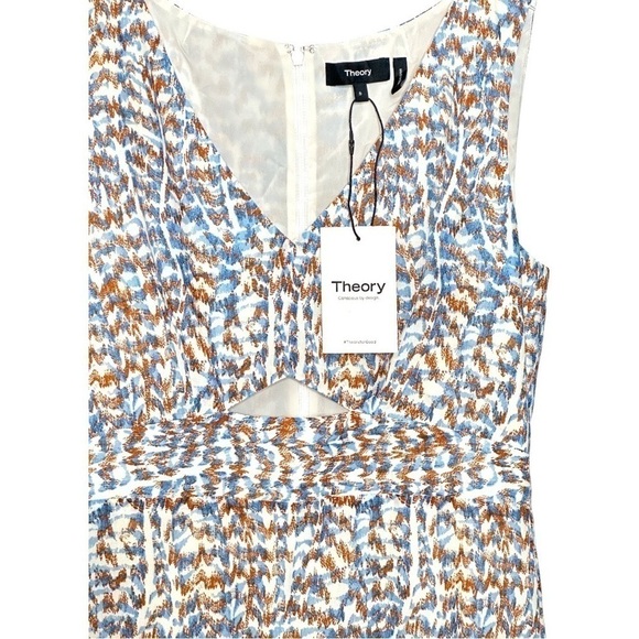 THEORY Abstract Print A-Line Sleeveless V-Neck Cut-Out Cocktail Midi Dress NEW - Picture 14 of 15